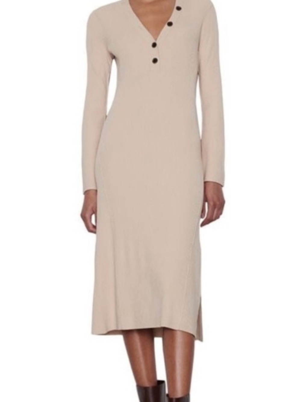 FRAME Beige Long-Sleeve Midi Dress with Button V-Neck